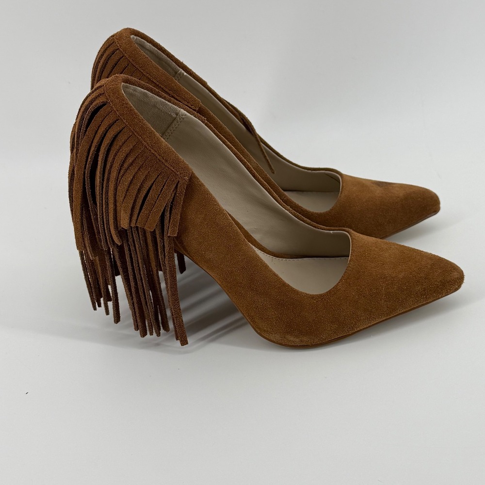 MIA Madalyn Cognac Brown Suede Fringe Pointed Toe Stiletto Pumps Womens Size‎ 6